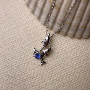Mother Baby Dolphin Sea Life Animal Blue Rhinestone Charm Silver Chain Necklace